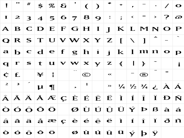 MatrixWideOldstyle Regular  glyph index