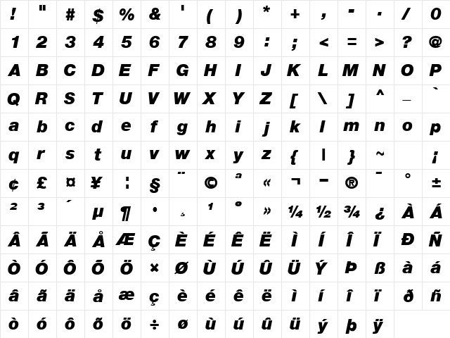 ContextRepriseBlackSSK Bold Italic  glyph index