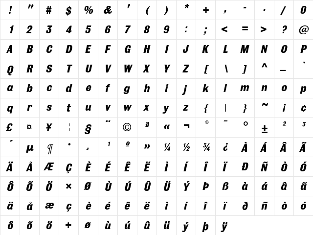 Bulldog BoldItalic  glyph index
