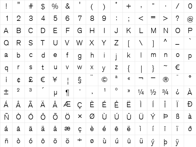 VolvoSansLight Regular  glyph index