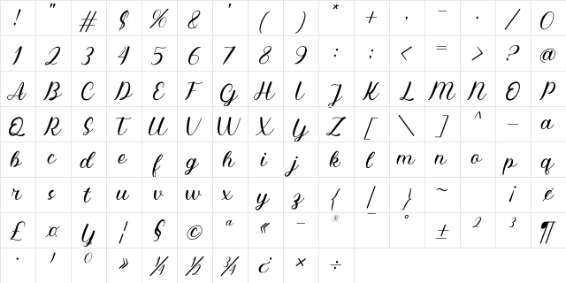 Ezkialova Regular  glyph index