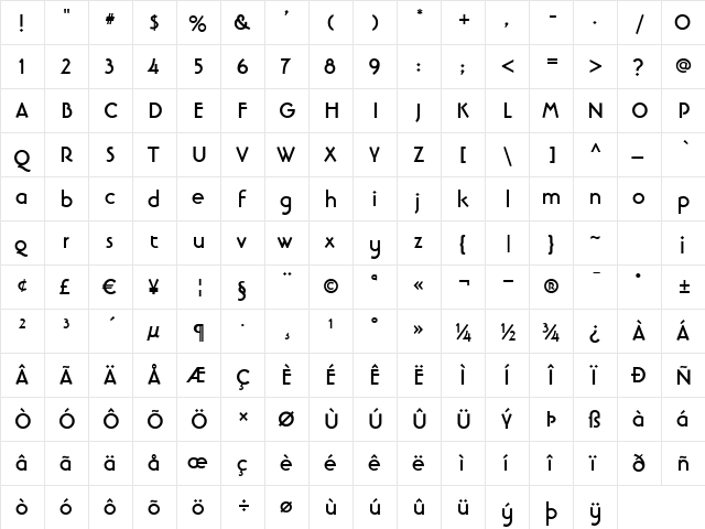 Banjoman Text Bold  glyph index