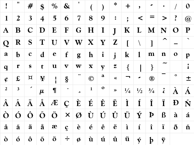 CordialBlk Bold  glyph index