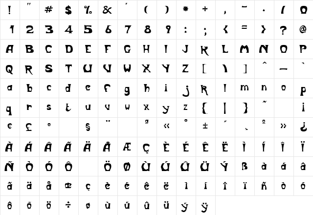 BodyShop Regular  glyph index