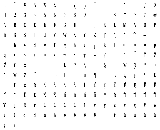 BodoniAntTEECon Regular  glyph index