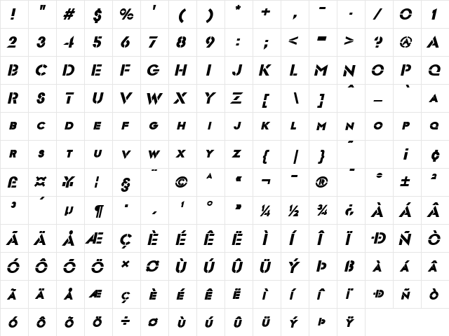 Templett BoldItalic  glyph index