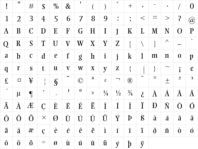 Ellington MT Regular  glyph index