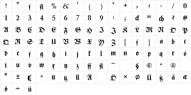 Zentenar-Fraktur Halbfett Medium  glyph index