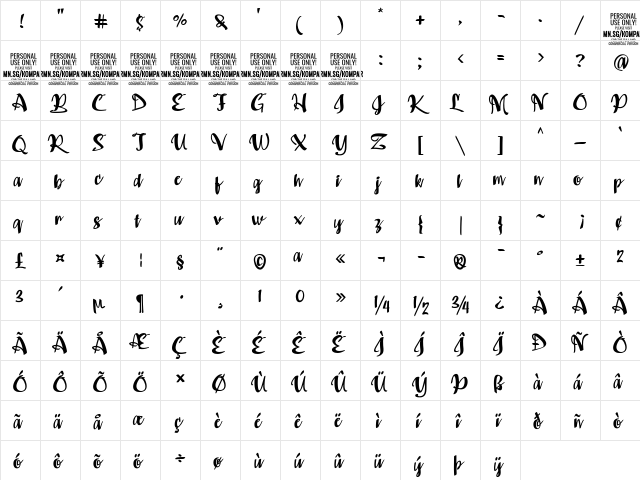 Kompar Bold PERSONAL USE ONLY Regular  glyph index