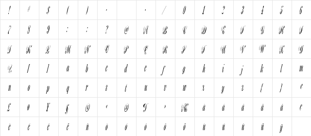 Bordeaux Script Regular  glyph index