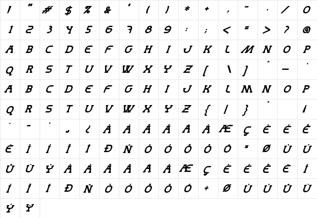 MastumBoldItalic Regular  glyph index