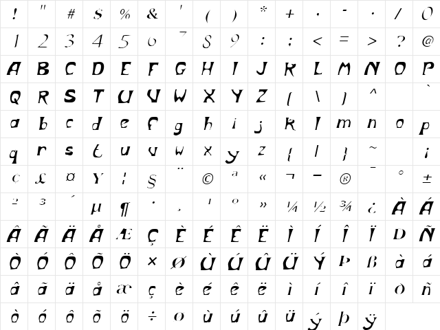 PeppertreeSSK Italic  glyph index
