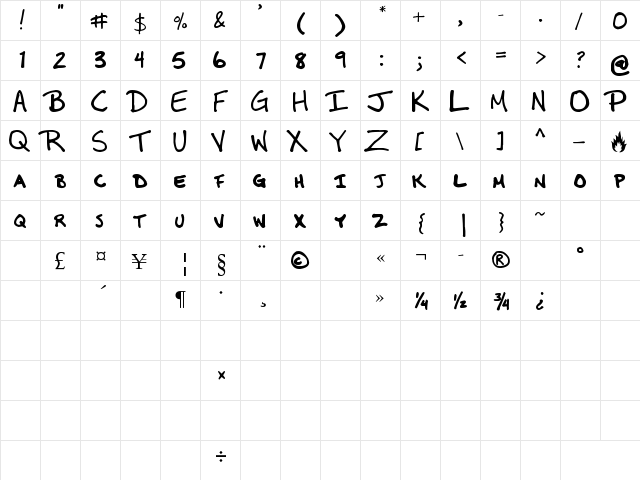 MBurnette Regular  glyph index