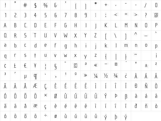 ChollaSansThin Regular  glyph index