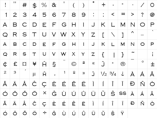 Copperplate Gothic Light Eo Regular  glyph index