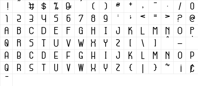 Skinny Buttom Regular  glyph index