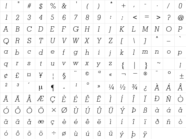 Nashville Light Italic  glyph index