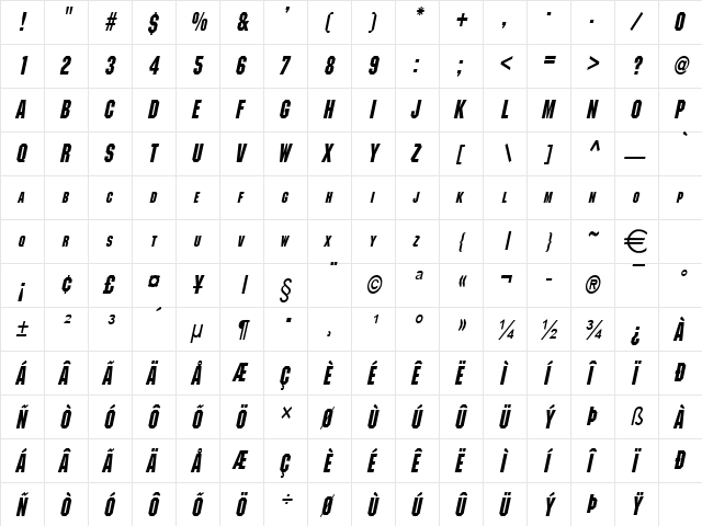 BlockCondensed BoldItalic  glyph index
