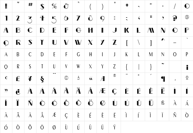 Cravat Display SSi Regular  glyph index
