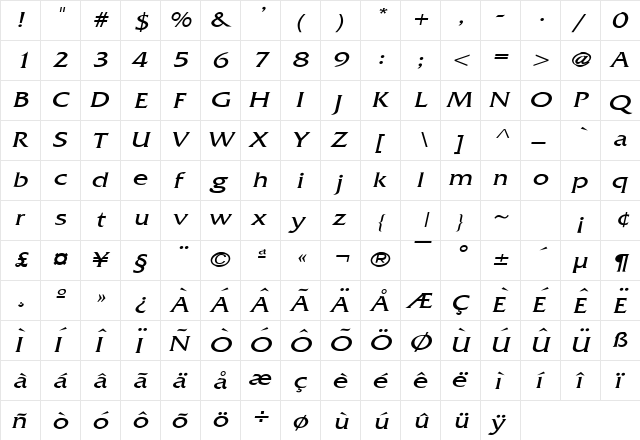 Franco Wide Italic  glyph index