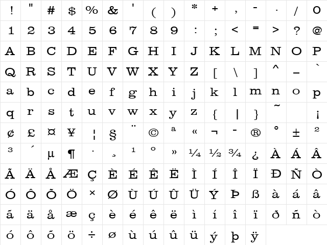 URWClarendonTLigExtWid Regular  glyph index