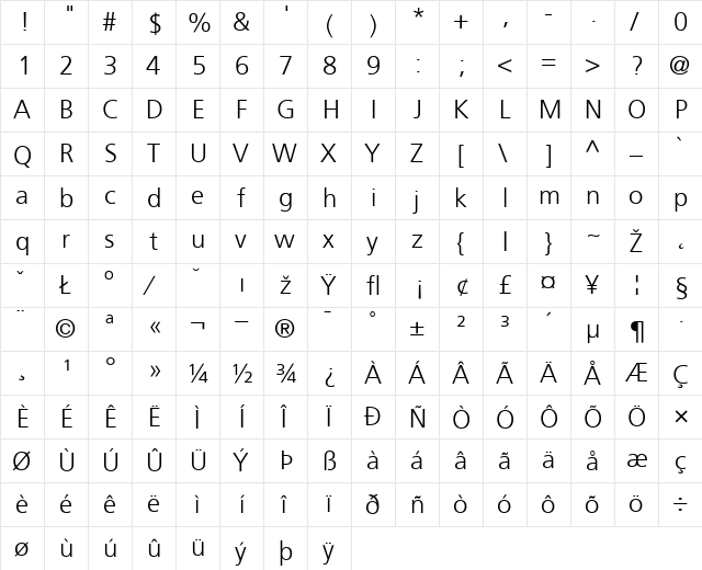 Frutiger-Light Regular  glyph index