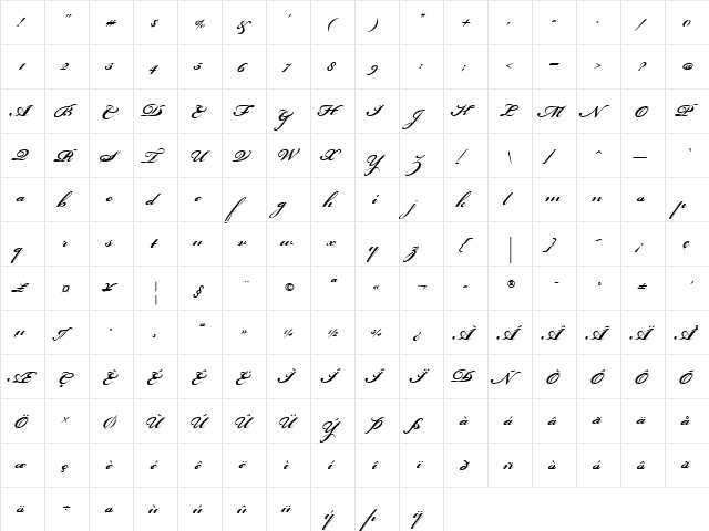 Bickham Script Std Regular Bold  glyph index