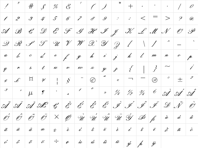 WindemereScriptSSK Regular  glyph index