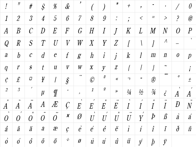 Cento Thin Italic  glyph index