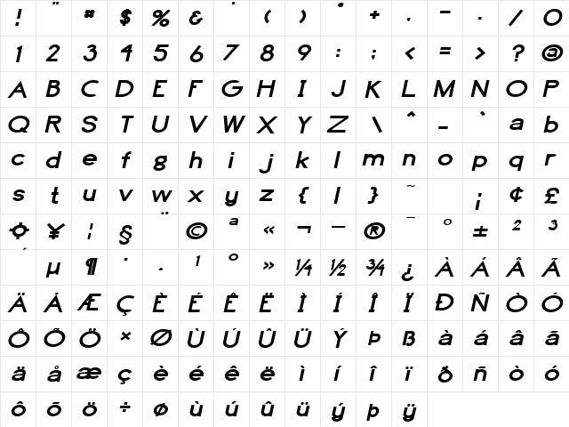 Highball-Extended Bold Italic  glyph index