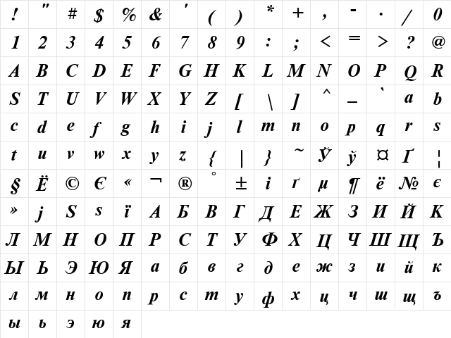 NewtonCTT Bold  glyph index