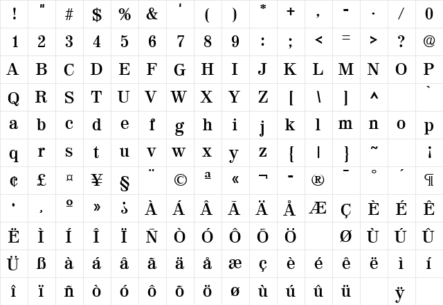 Valencia Bold  glyph index