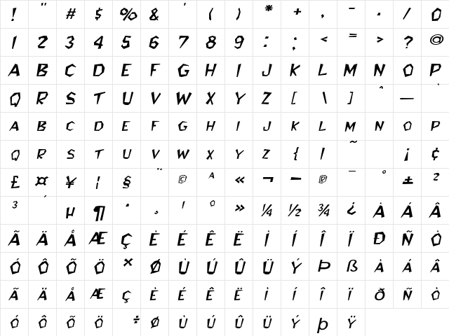 JitterExpanded Italic  glyph index