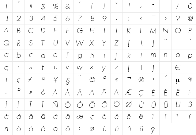 Montreal-XlightIta Regular  glyph index