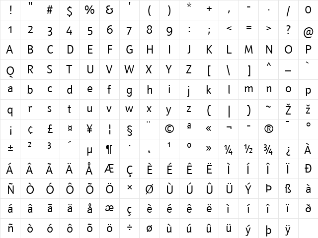 Textra LT Book Regular  glyph index