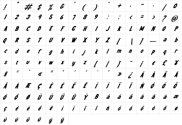 Youth Wright Italic Regular  glyph index