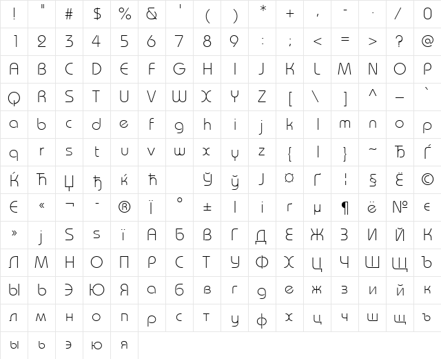 BauhausLightCTT Regular  glyph index
