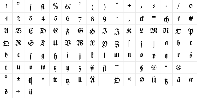 Zentenar-Fraktur Halbfett OsF Medium  glyph index
