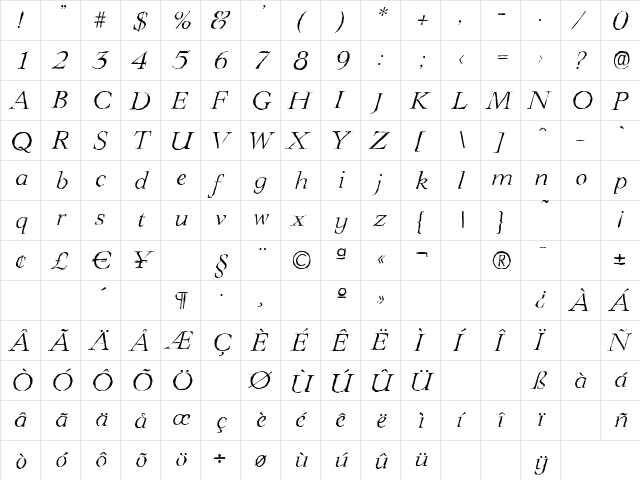 LingwoodAntique-Light Italic  glyph index