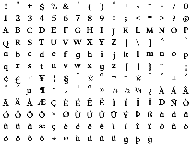 MuseeAltBold Regular  glyph index