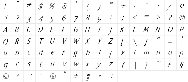 ArtemiusSans SN Light TT Regular Italic  glyph index