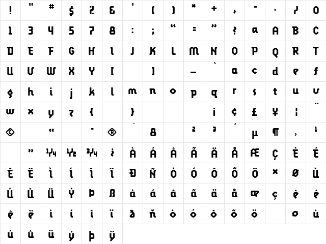 LunatixBold Medium Regular  glyph index