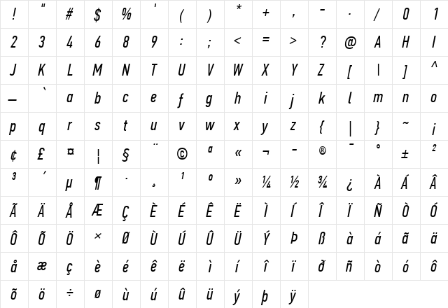 PF Din Text Comp Pro Italic  glyph index