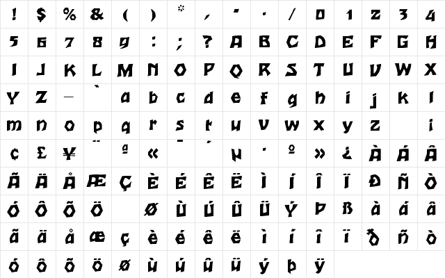 Tarzan Regular  glyph index