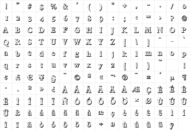 FranciscoShadow Bold  glyph index