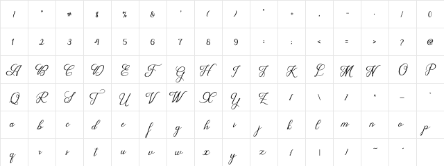 Wedding Script Regular  glyph index