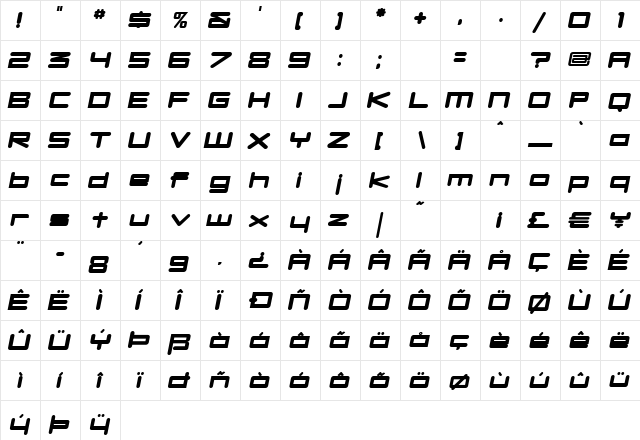 DBXLNightfever UltraWideItalic  glyph index
