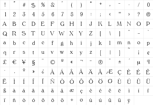 KellyBecker-ExtraLight Regular  glyph index