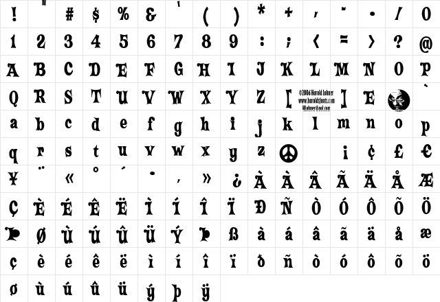 Crazy HaroldCondensed Flare Regular  glyph index