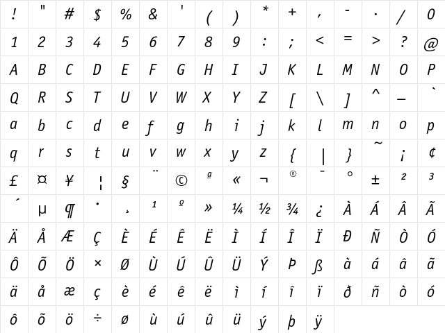 OfficinaSansEF BookItalic  glyph index